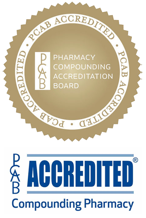 Pharmacy Compounding Accreditation Board (PCAB) accreditation seal and text on a white background