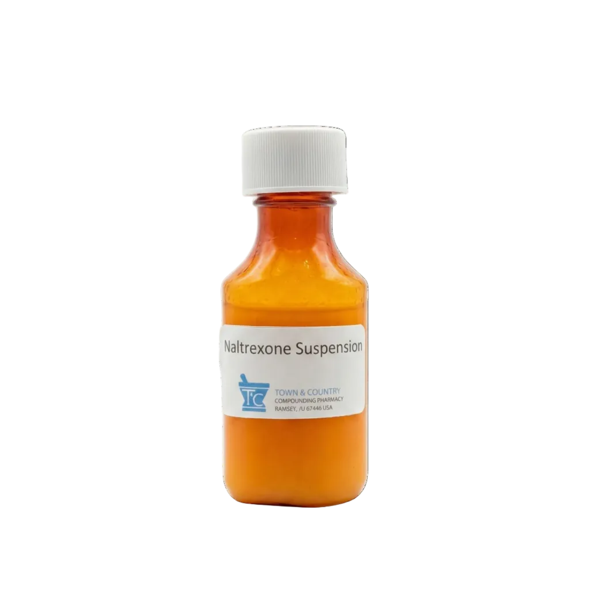 Bottle of Naltrexone Suspension with a white cap on a white background