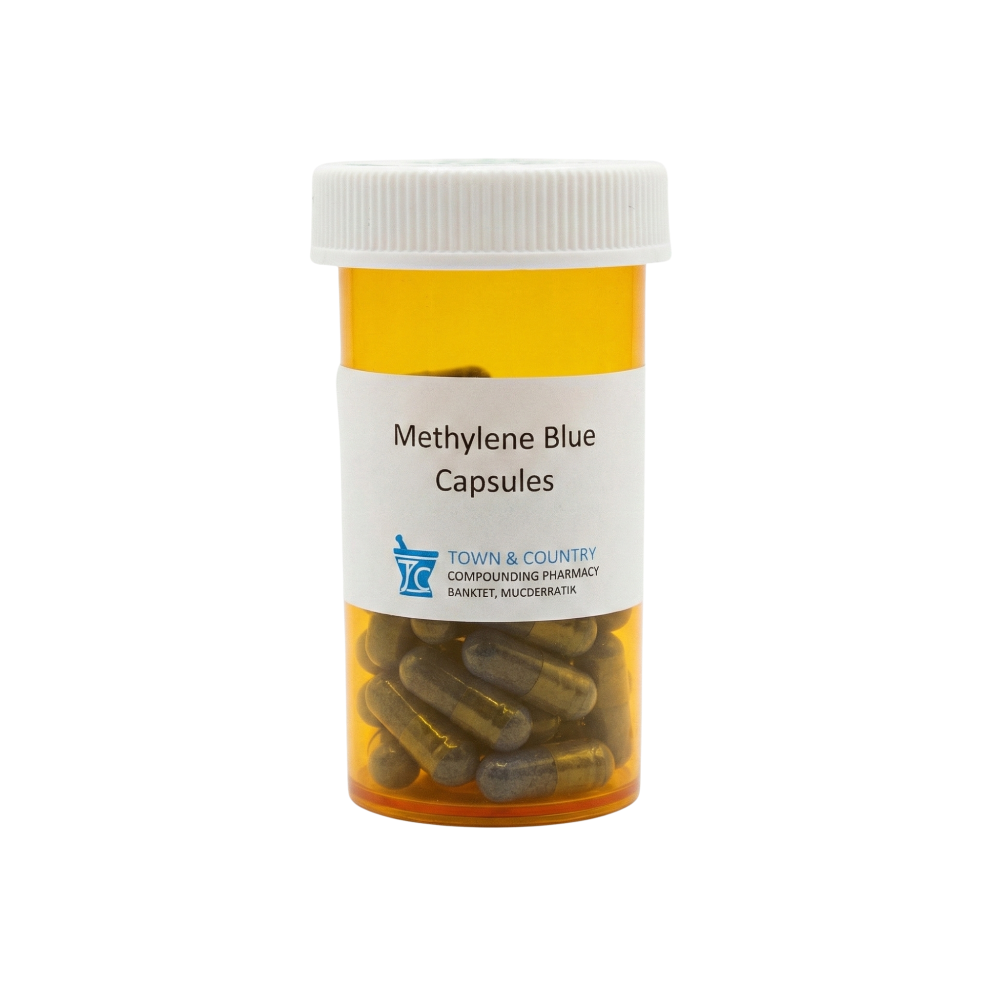 Bottle of Methylene Blue Capsules with a white label on a white background