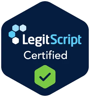 LegitScript Certified badge with blue and green colors on a white background for Town & Country Compounding