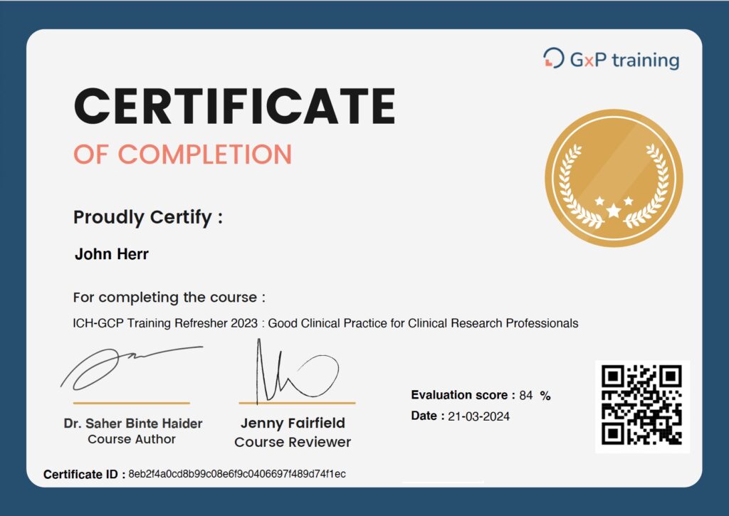 GXP Training Good Clinical Practice (GCP) Ceritifcation John Herr RPh Compounding Pharmacy New Jersey New York NYC - 2