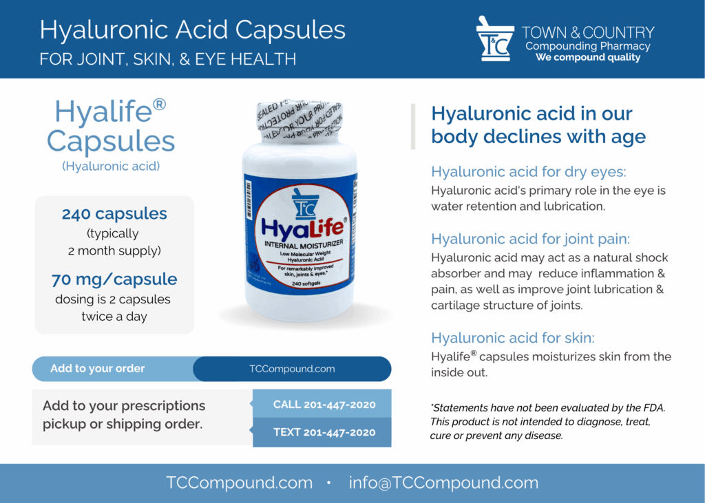 Compounding pharmacy Hyalife- Hyaluronic Acid Capsules New Jersey New York - Skin Joint anti aging wrinkles recommended nutritional supplement Benefits