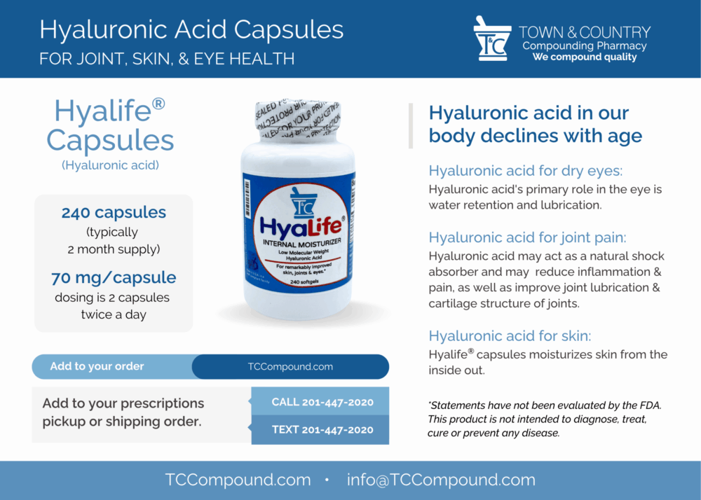 Compounding pharmacy Hyalife- Hyaluronic Acid Capsules New Jersey New York - Skin Joint anti aging wrinkles recommended nutritional supplement Benefits